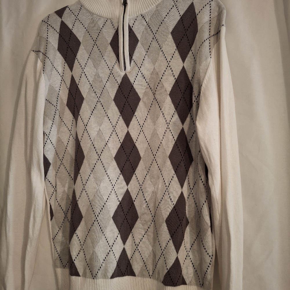 Men's Carbon Brand Argyle Pattern Gray & Cream Sweater Size Large